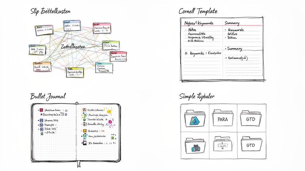 Illustrations of four different note-taking and organizational methods: Zettelkasten, Cornell, Bullet Journal, and folder organization.