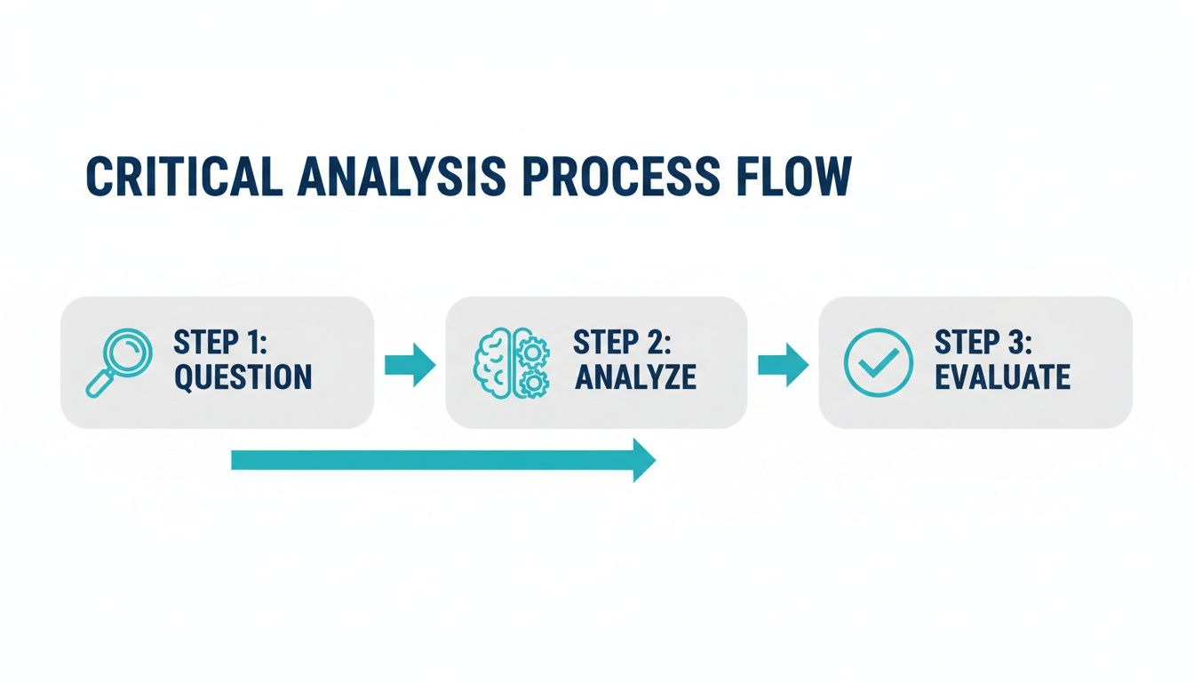 Flowchart outlining the critical analysis process with three steps: Question, Analyze, and Evaluate.