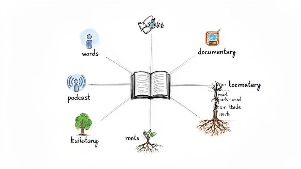 An illustration depicting an open book at the center, radiating to words, podcasts, documentaries, and roots.