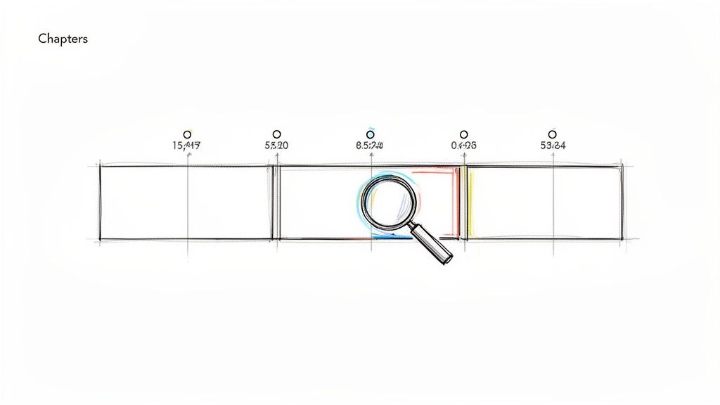 A sketch of a timeline divided into chapters with time markers, a magnifying glass highlights a segment.