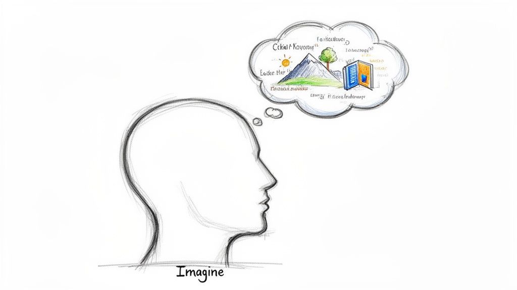 Pencil sketch of a human head with a thought bubble showing sun, mountains, a tree, and a building.