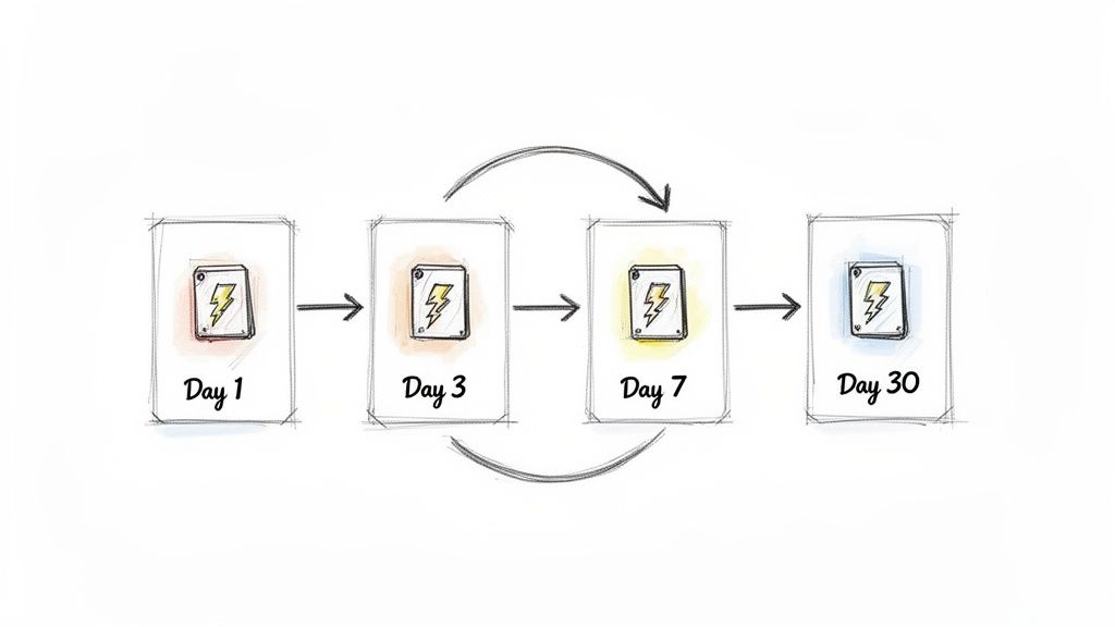 A diagram illustrating spaced repetition with flashcards for Day 1, Day 3, Day 7, and Day 30.