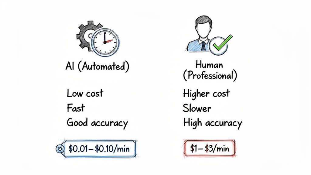 Comparison of AI automated vs. human professional transcription services, detailing cost, speed, and accuracy.
