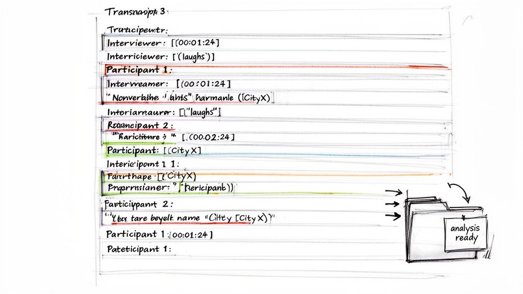 Handwritten qualitative research transcription document showing speaker turns, timestamps, and an analysis folder.