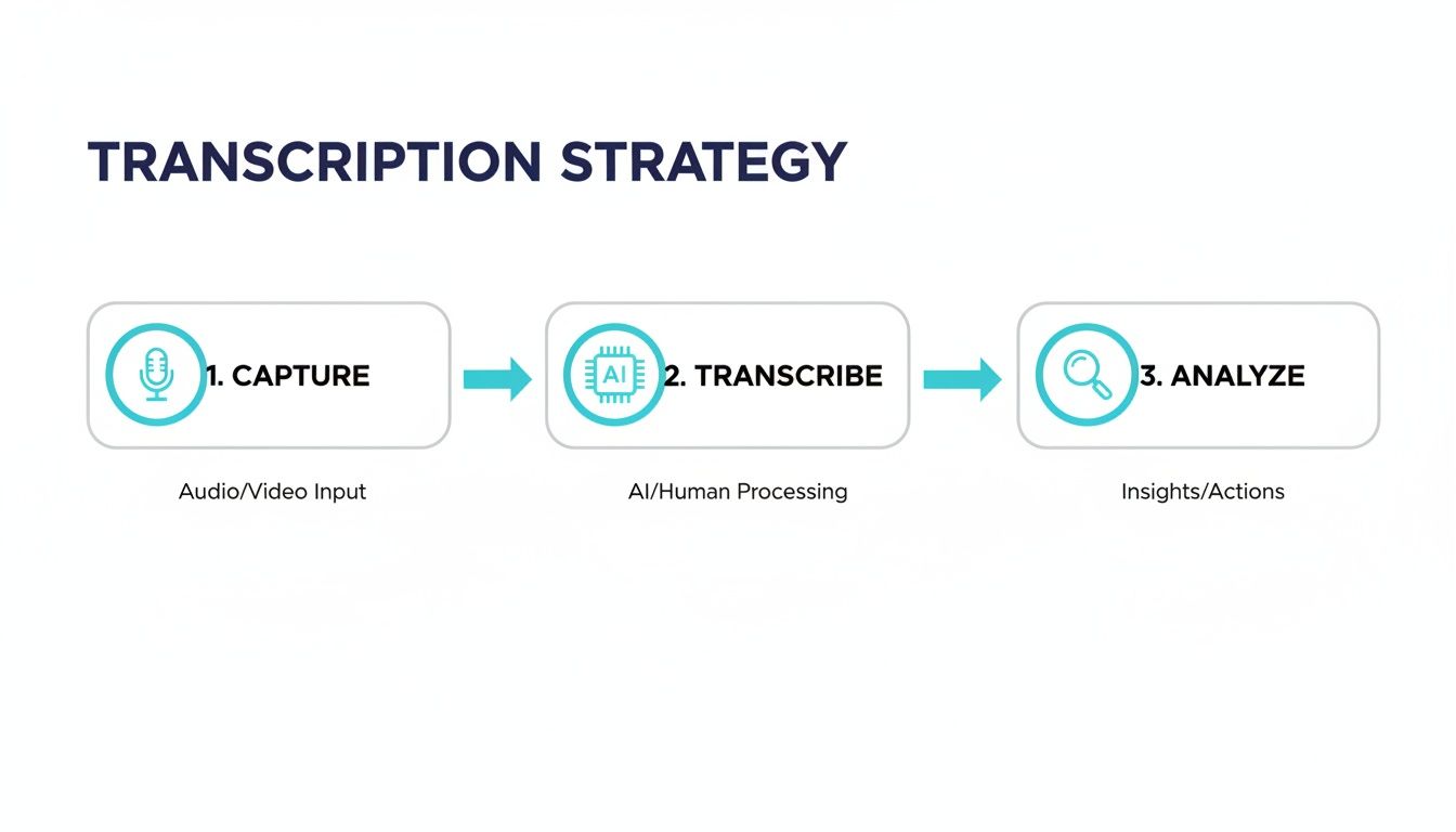 Flowchart illustrating a transcription strategy: capture audio/video, transcribe via AI/human, and analyze for insights.