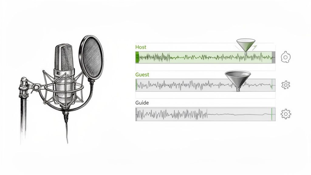 Illustration of a studio microphone next to a screen showing podcast audio tracks and editing tools.