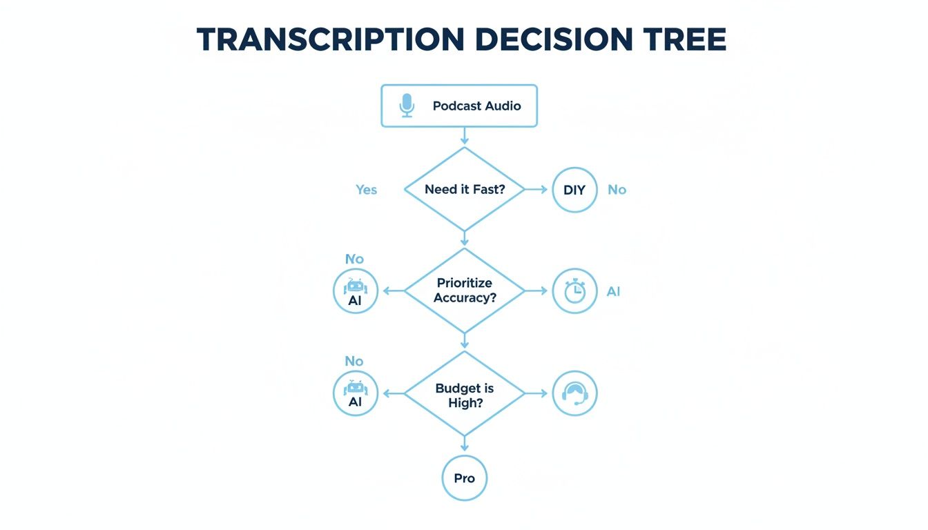 Flowchart showing a transcription decision tree for podcast audio, guiding choices between DIY, AI, and professional services.