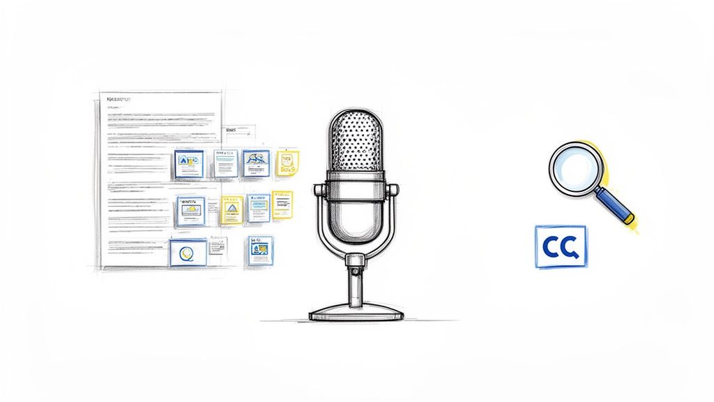 A sketch shows documents with data cards, a vintage microphone, and a magnifying glass for podcast transcription.
