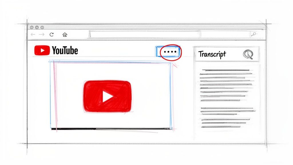 Sketch of a YouTube video page showing a video player, transcript, and a 'more options' icon.