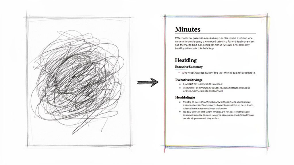 A messy scribble on the left transforms into a clear, organized meeting minutes document.