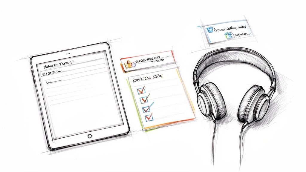 A detailed sketch showing a tablet with minute-taking app, a checklist, and headphones on a white background.