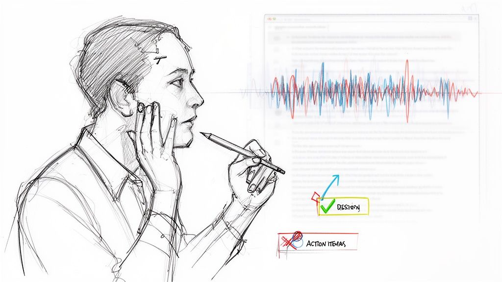 Sketch of a person concentrating with a pencil, thinking about a design process with digital elements.