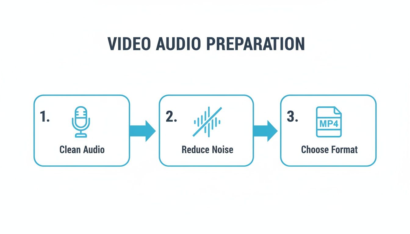 A 3-step diagram outlining video audio preparation: 1. Clean Audio, 2. Reduce Noise, 3. Choose Format.