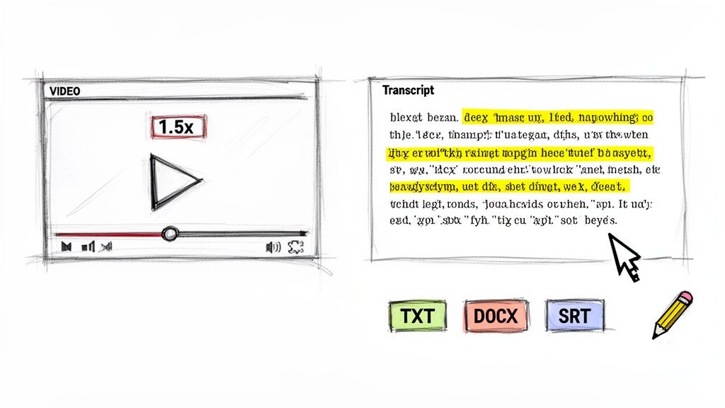 Diagram illustrating video transcription, with a video player, highlighted transcript, and file export options.