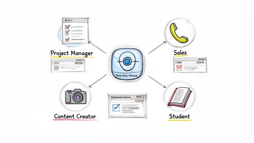 Visual diagram illustrating a central productivity tool used by project managers, sales, content creators, and students.