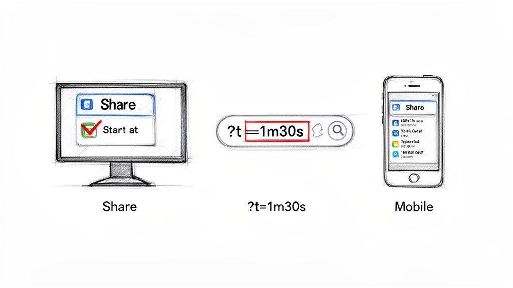 Illustration of sharing a video from a specific timestamp on desktop and mobile.