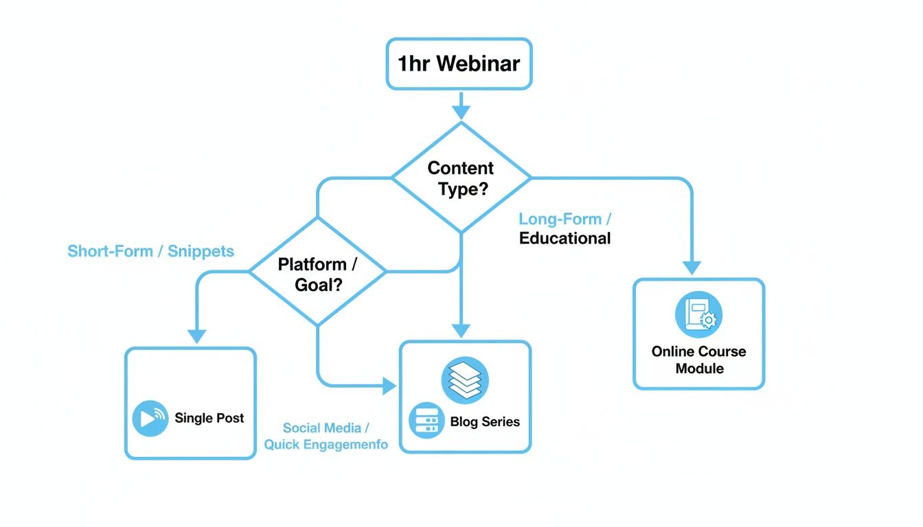 Flowchart illustrating content repurposing from a 1-hour webinar into various short-form and long-form content.
