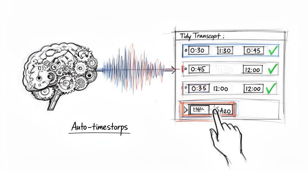 Illustration showing a mechanical brain turning sound waves into auto-timestamps in a digital transcript.