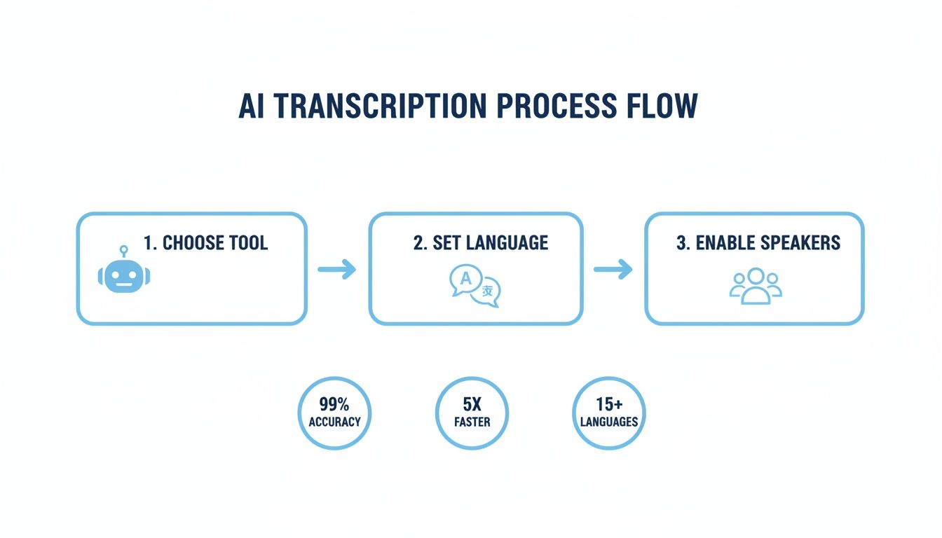 AI transcription process flow infographic: choose tool, set language, enable speakers, with 99% accuracy and 15+ languages.