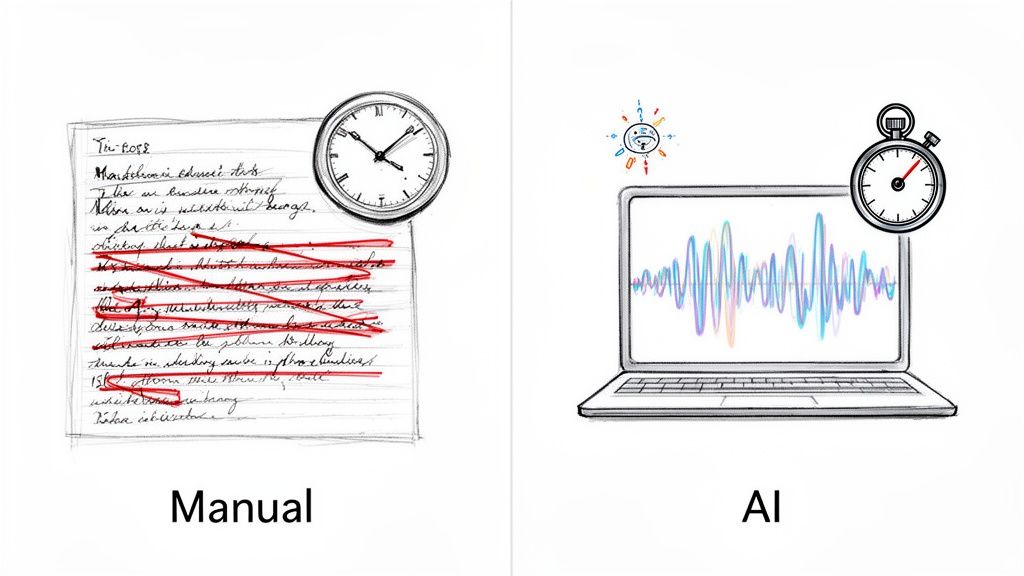 Comparison of manual text revision taking time versus fast AI audio transcription on a laptop.