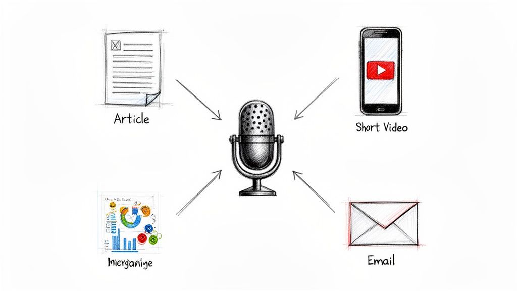 Diagram shows a microphone receiving content from an article, short video, data visualization, and email, illustrating content repurposing.