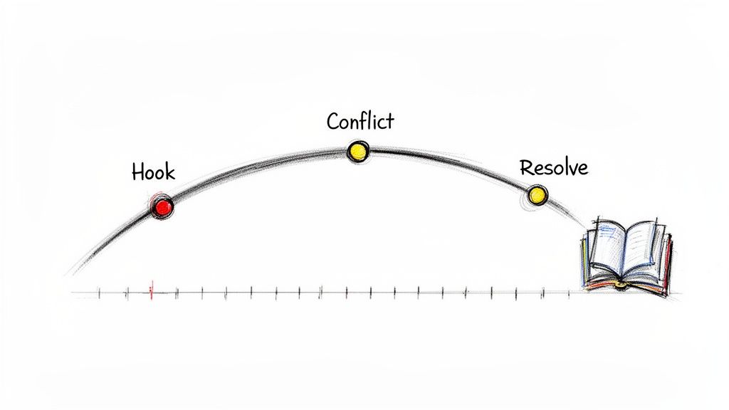 A visual story arc diagram showing Hook, Conflict, and Resolve points leading to an open book.
