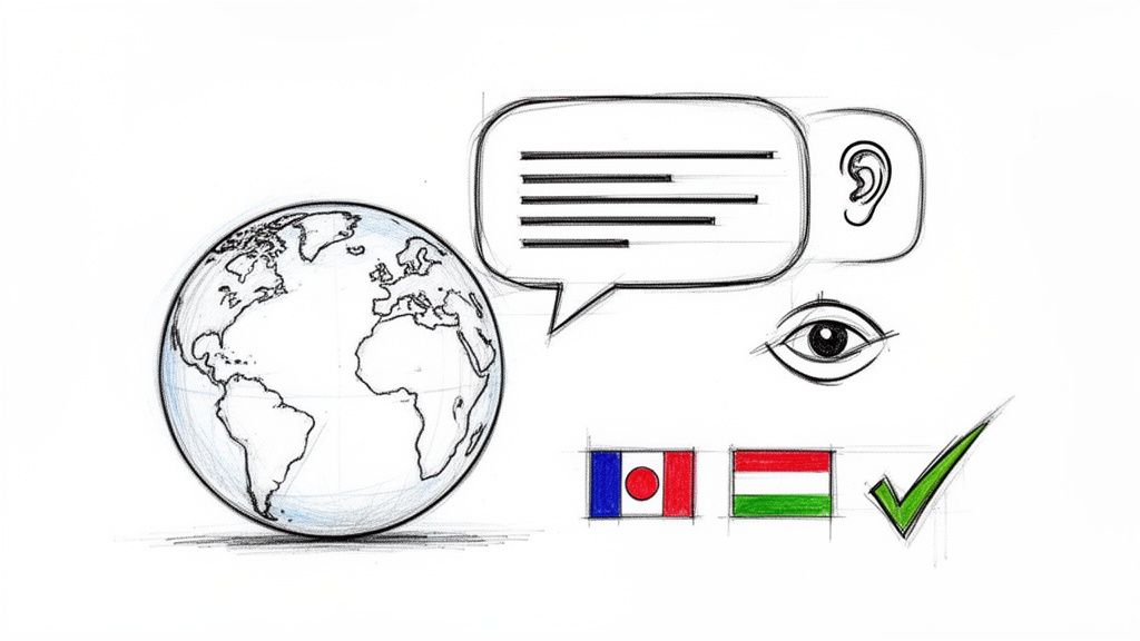 Illustration of global communication with a globe, speech bubble, ear, eye, French and Hungarian flags, and a checkmark.