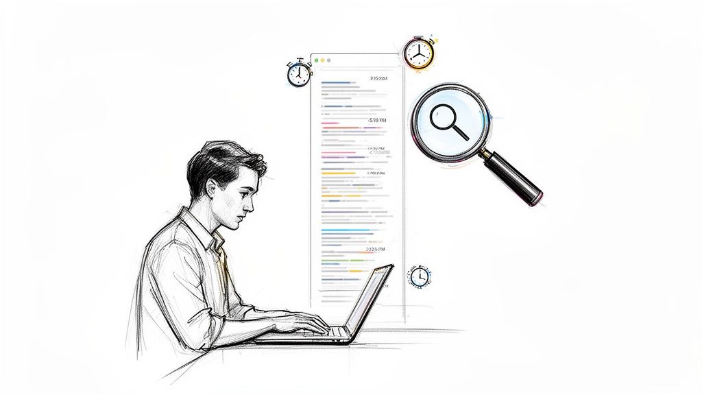 Sketch of a person working on a laptop, analyzing a data timeline with a magnifying glass and clocks.