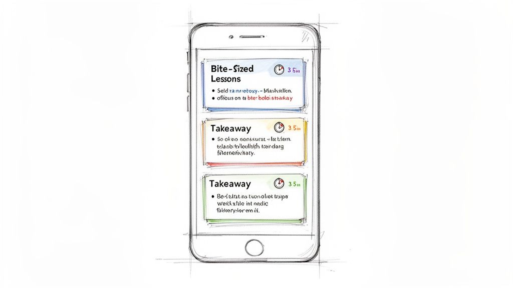 A hand-drawn sketch of a smartphone displaying an e-learning app with bite-sized lessons and takeaways.