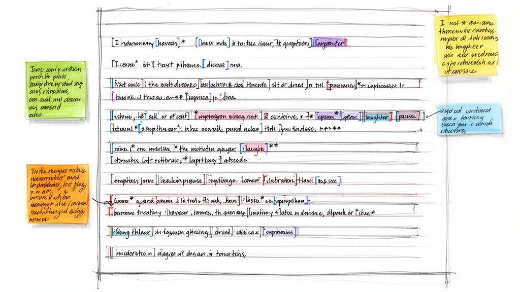 Handwritten transcription with colored highlights, annotations, and sticky notes on a white page.