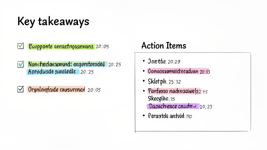 A digital document with handwritten style text showing 'Key takeaways' and 'Action Items' with timestamps.