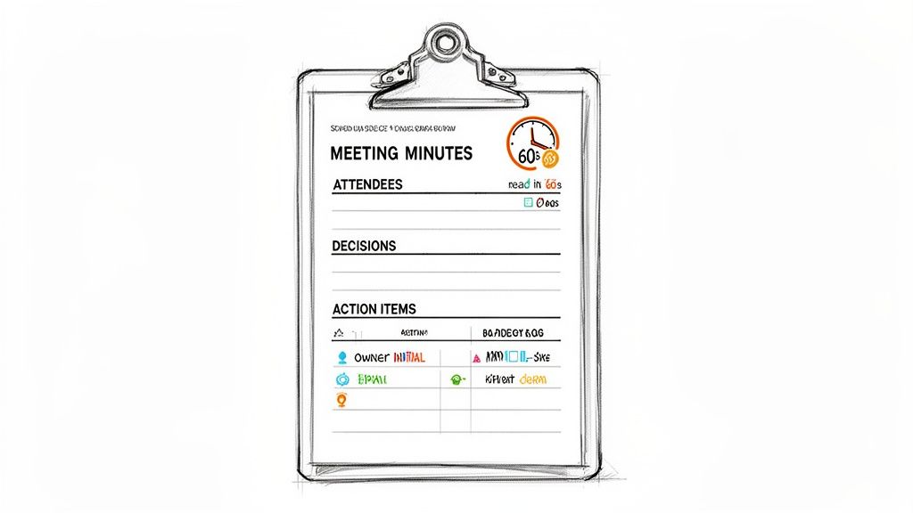Sketch of a clipboard with meeting minutes template, featuring sections for attendees, decisions, and action items.