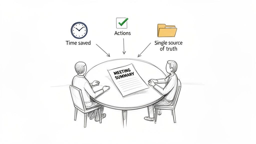 Two people at a table reviewing a meeting summary document, highlighting time saved, clear actions, and a single source of truth.