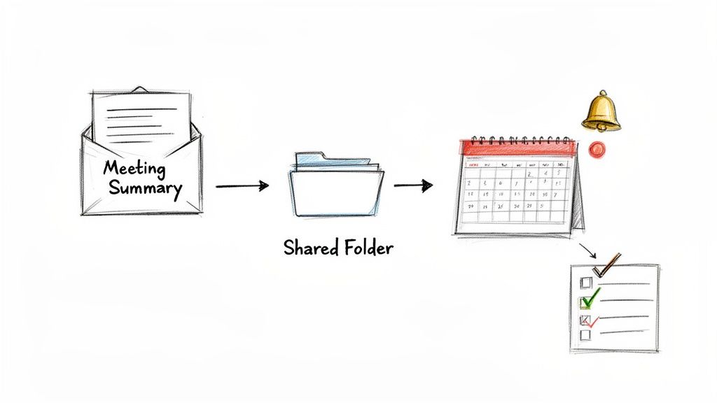 A visual workflow showing a meeting summary being saved into a shared folder, then scheduled and actioned into a checklist.