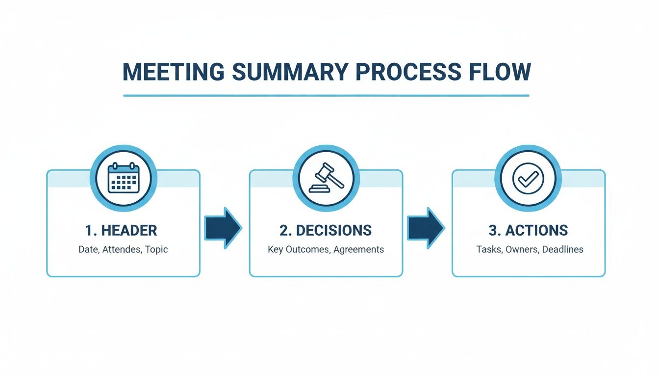 A meeting summary process flow diagram with three steps: header, decisions, and actions.