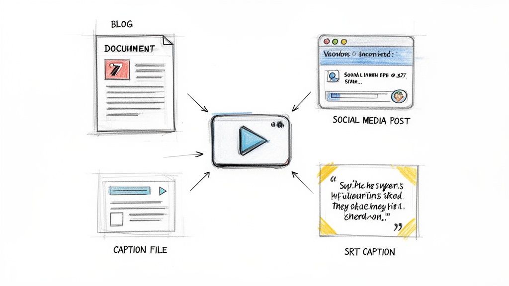 Diagram illustrating a video file being transcribed into a blog document, social media post, caption file, and SRT caption.