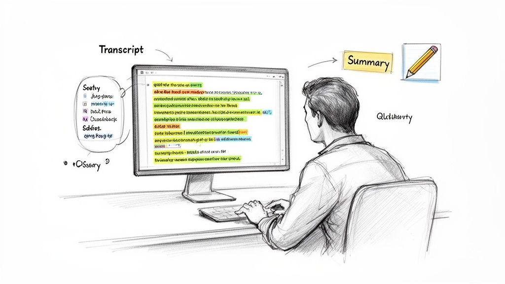 A person reviews a digital transcript on a computer screen to create a summary.