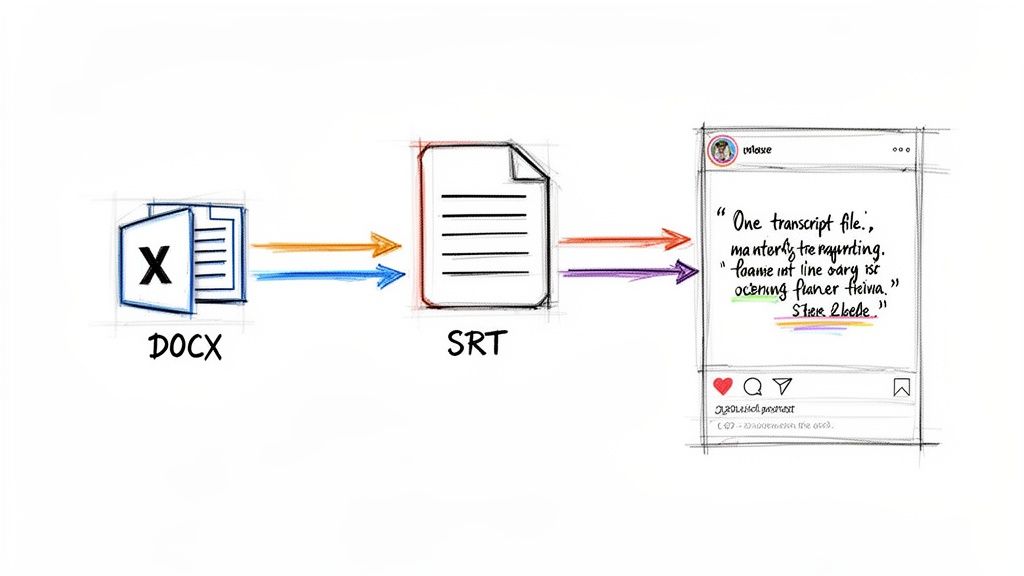 Illustration of converting a DOCX transcript to an SRT file for social media sharing.