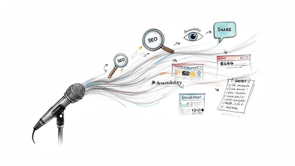 A microphone broadcasting content, flowing into SEO, accessibility, sharing, blog posts, and social media.