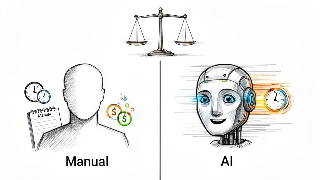 An illustration comparing manual tasks with AI automation, showing time, cost, and efficiency differences.