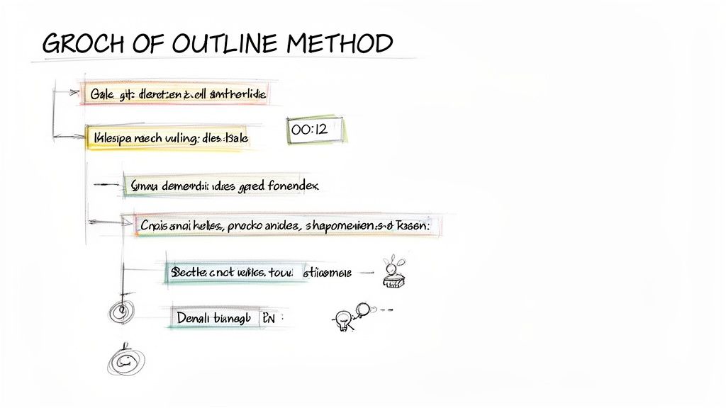 A handwritten diagram illustrating an outline note-taking method with various text entries and doodles.
