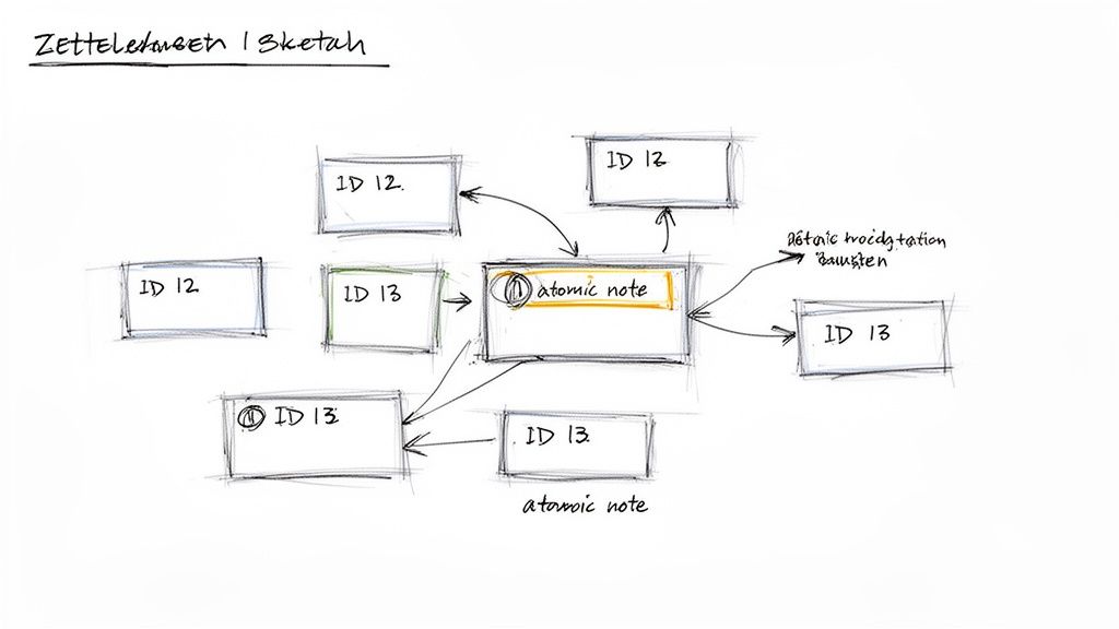A handwritten sketch illustrating a Zettelkasten note-taking system with interconnected 'atomic notes' and IDs.