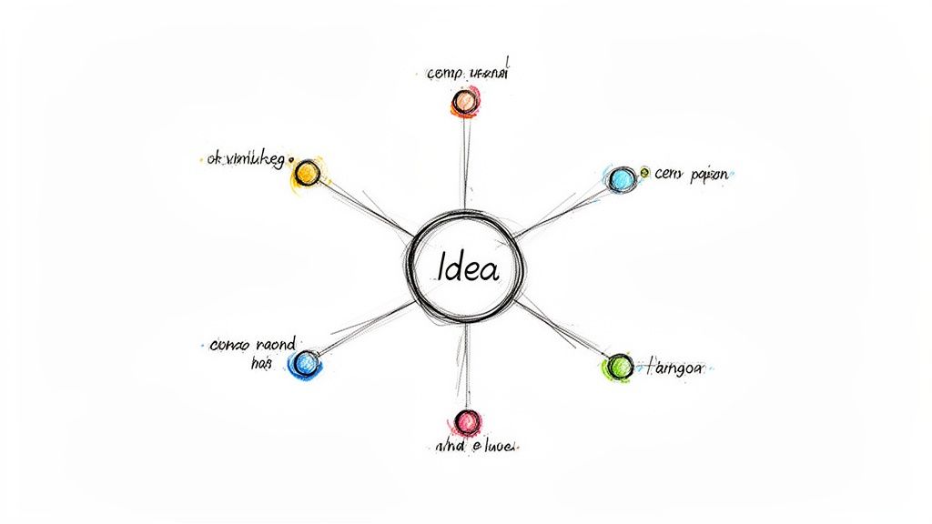 A hand-drawn mind map with 'Idea' at the center, branching out to six surrounding concepts.