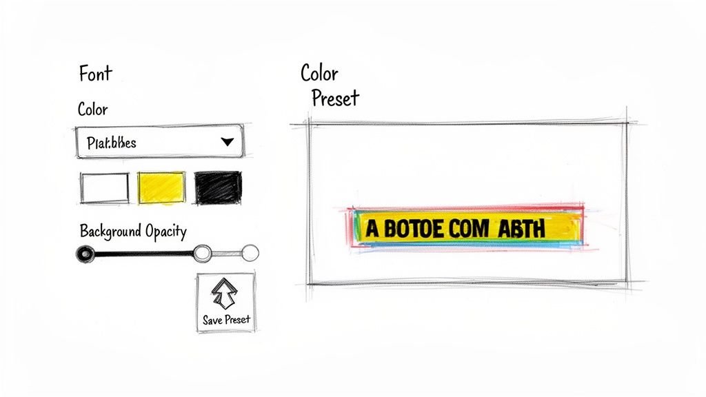 A hand-drawn sketch of a user interface for subtitle editing, showing font color, background opacity, and a text preview.
