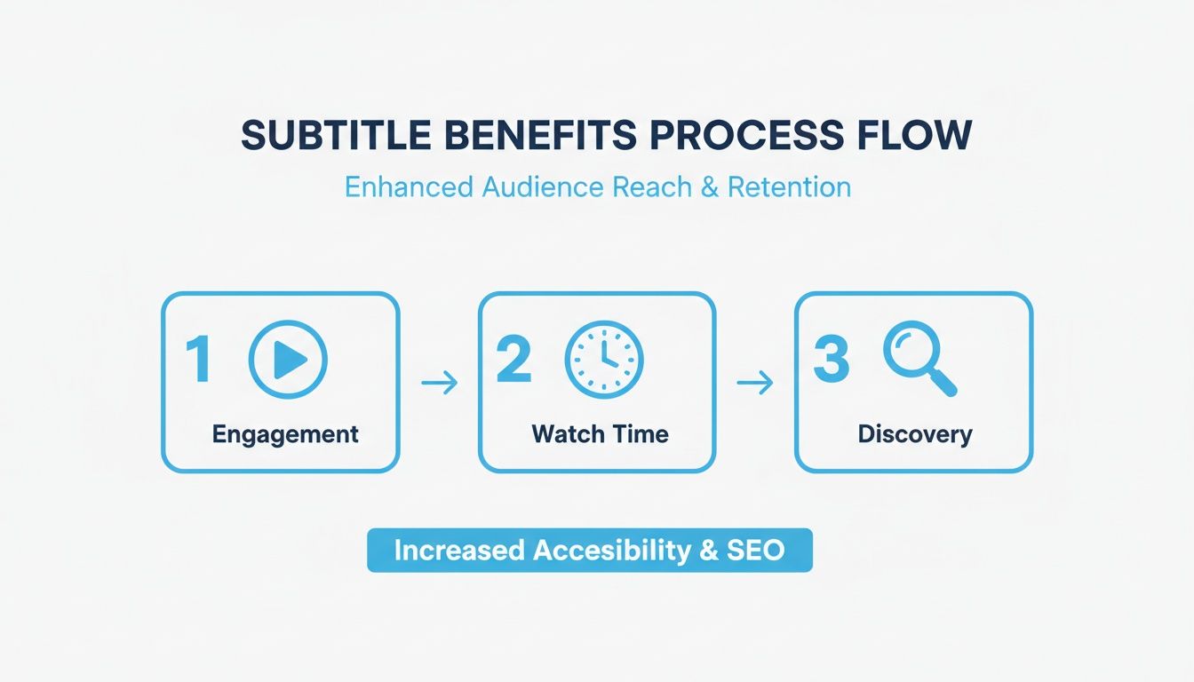 Flow diagram showing how subtitles enhance engagement, watch time, and discovery, leading to increased accessibility and SEO.