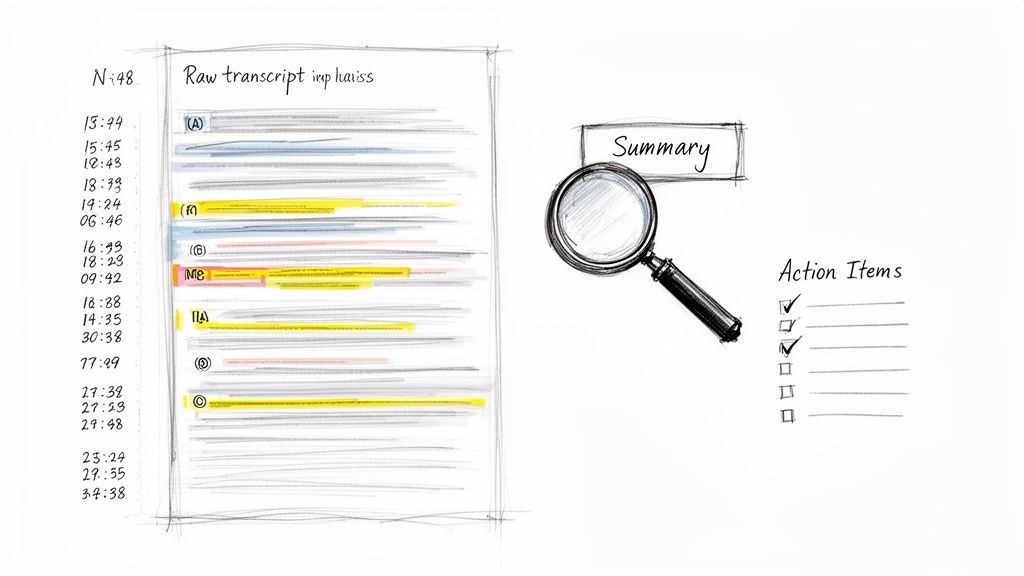 Эскиз, выполненный от руки, иллюстрирующий необработанную стенограмму с отметками времени, кратким изложением и контрольным списком действий.