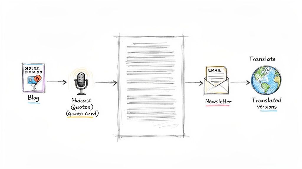 A visual diagram illustrating a content repurposing workflow from a blog to translated versions.
