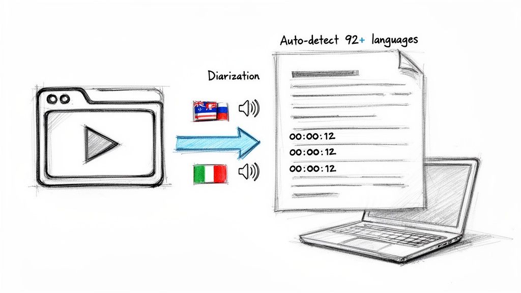 Diagram showing video transcription with diarization and auto-detection of 92+ languages into a timed document.