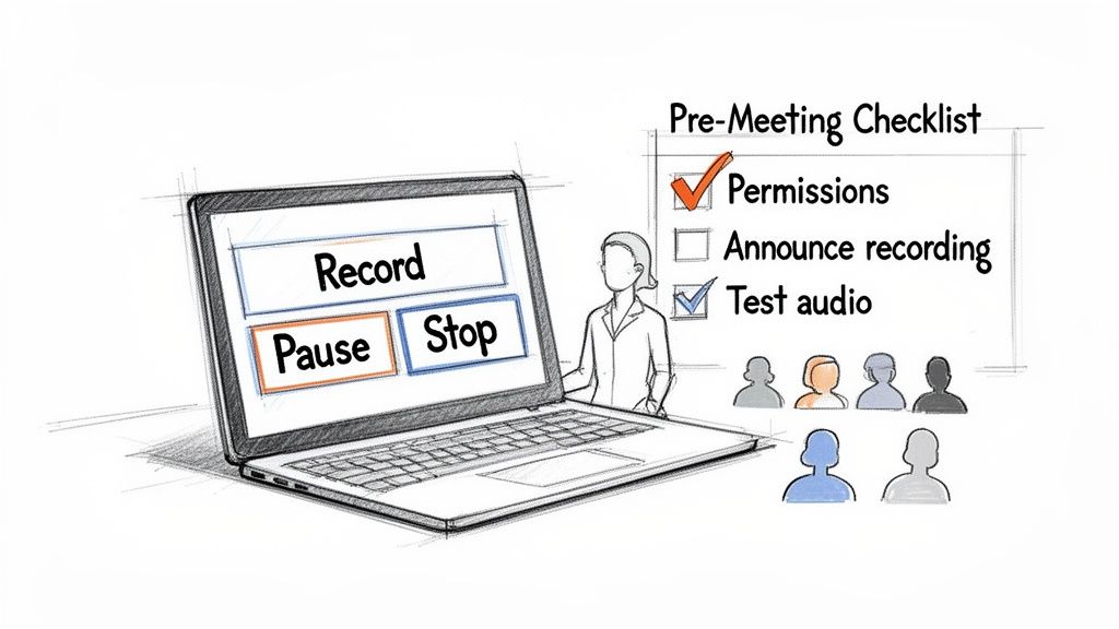 A diagram showing a laptop with meeting recording controls and a pre-meeting checklist for virtual meetings.