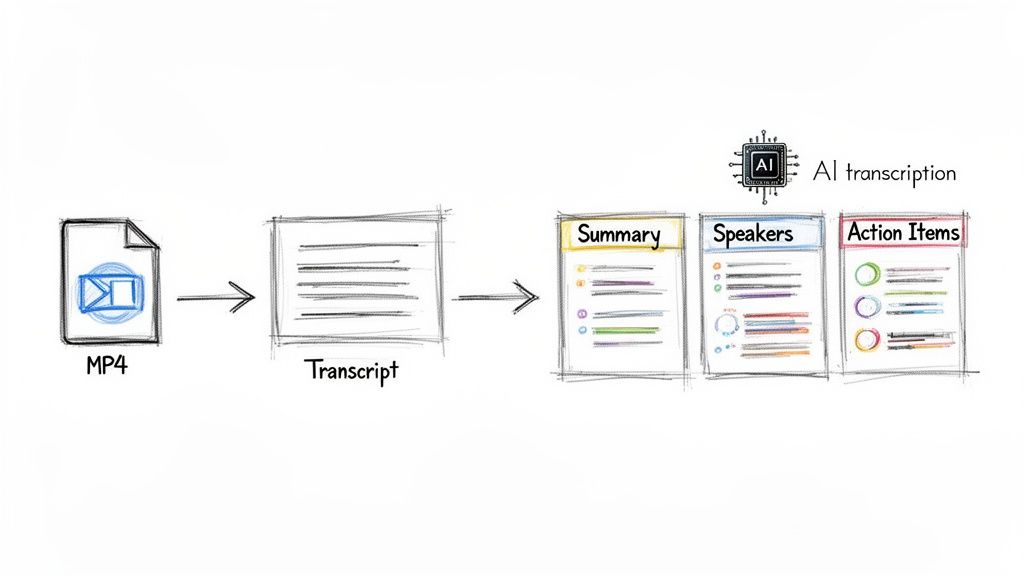 Diagram showing an MP4 file being converted to a transcript, then summarized by AI into summary, speakers, and action items.